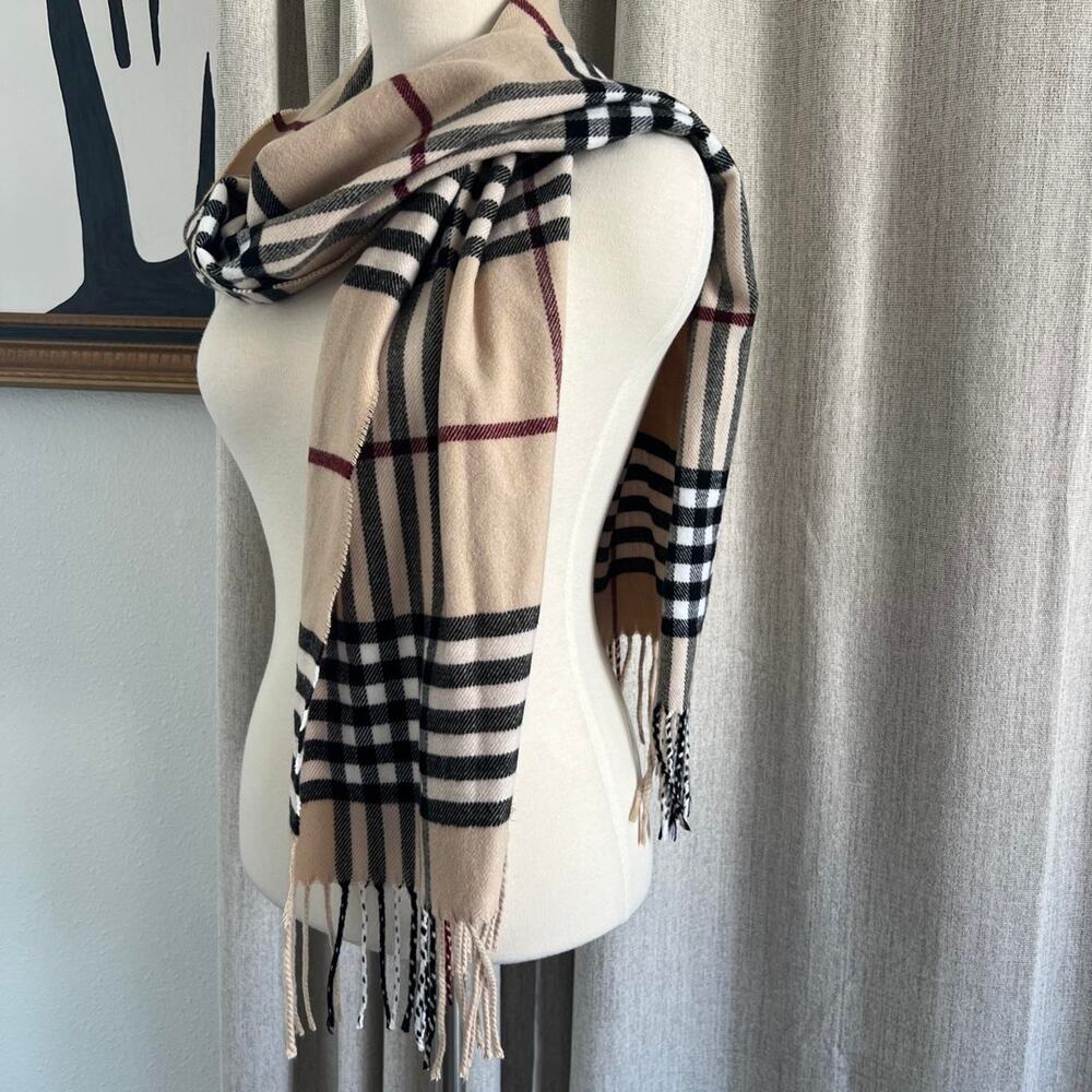 Classic Camel Tartan Plaid Cashmere Blend Scarf Fringe Tan Red Black Check Cozy